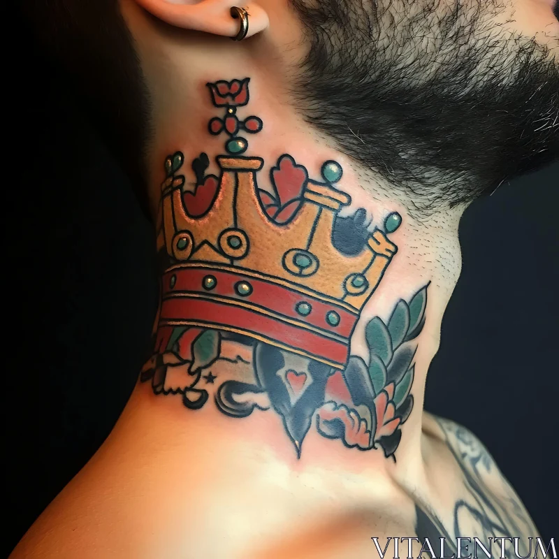 Colorful Crown Neck Tattoo with Ornamental Details AI Image