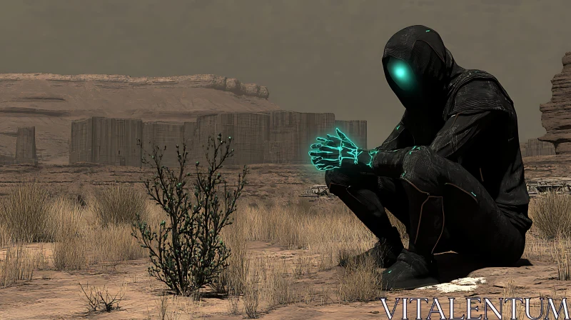 AI ART Hooded Figure with Glowing Hands in Desert