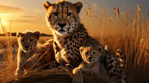 Cheetah and Cubs at Sunset: A Meticulous Representation in Art