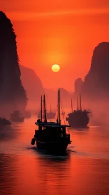 Colorful Sunset Painting of Islands in Ha Long Bay