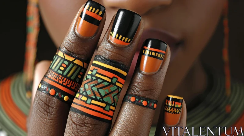 Dark Skin Hand with African-Inspired Nail Art and Rings AI Image