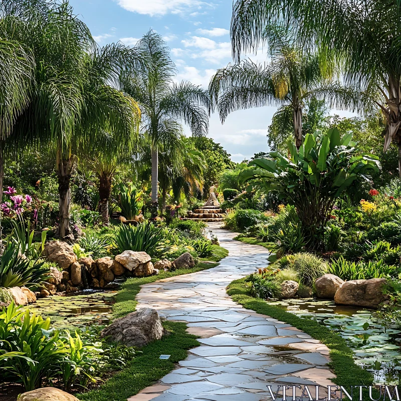 Tropical Garden View with Stone Pathway AI Image