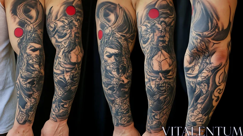 Intricate Black Ink Sleeve Tattoo Featuring Skulls AI Image