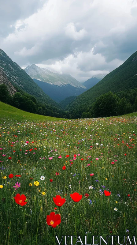 AI ART Mountain Valley with Blooming Wildflowers