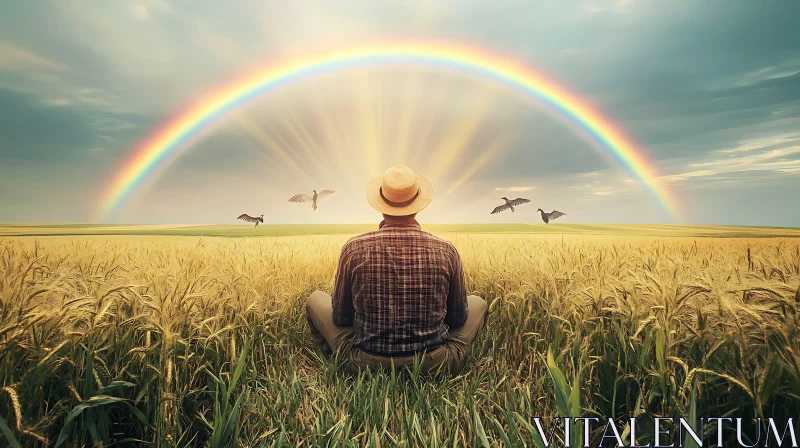 Man Meditating Under Rainbow in Field AI Image