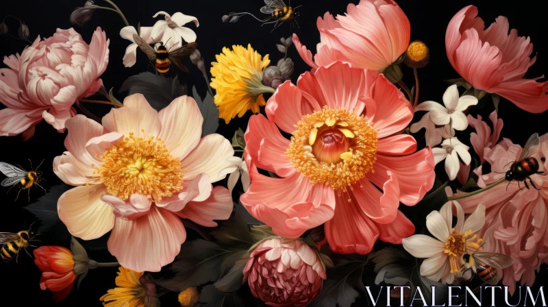 Floral Decadence: Pink Flowers and Bees on Dark Background AI Image