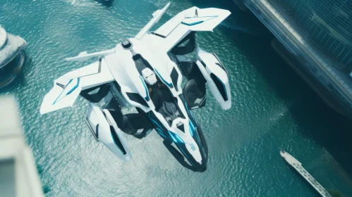 Futuristic Airplane Over Water - A Vision in Teal and White