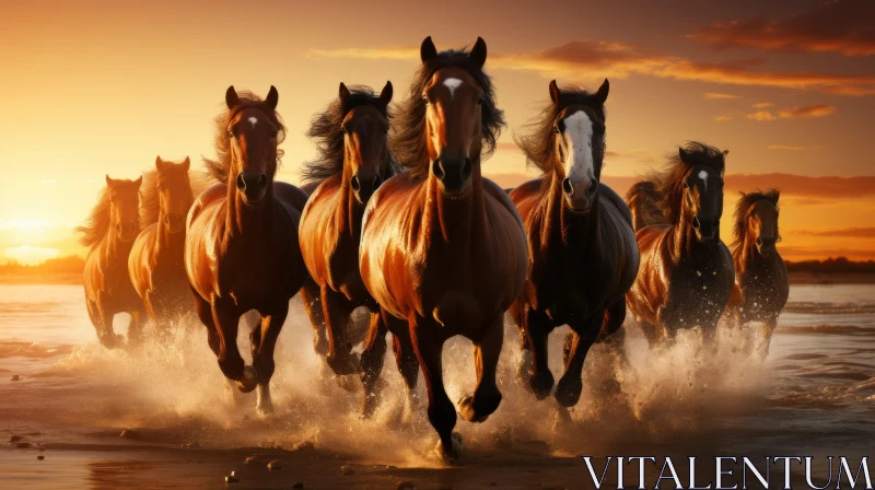 Horses Galloping at Sunset by the Water AI Image