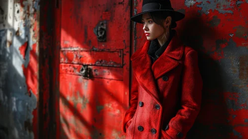 Thoughtful Woman in Red Coat Standing in Front of Weathered Red Door