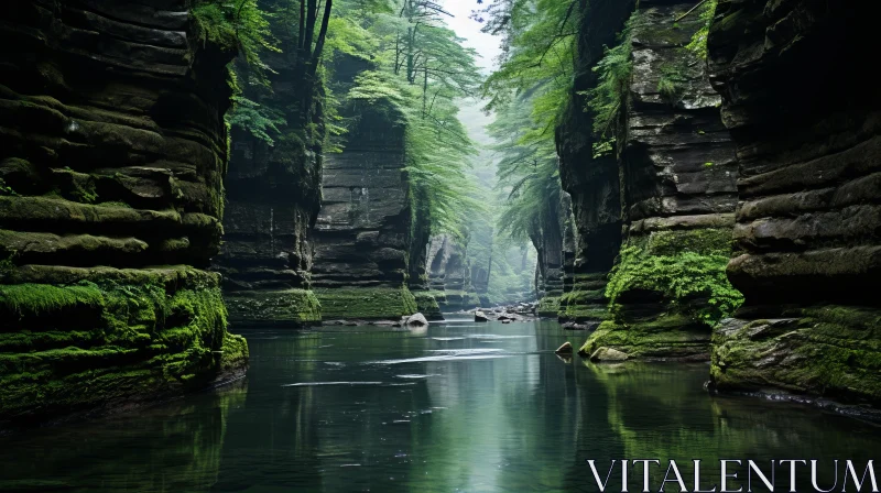 Tranquil River in Moss-Covered Canyon | Midwest Gothic Symmetry AI Image