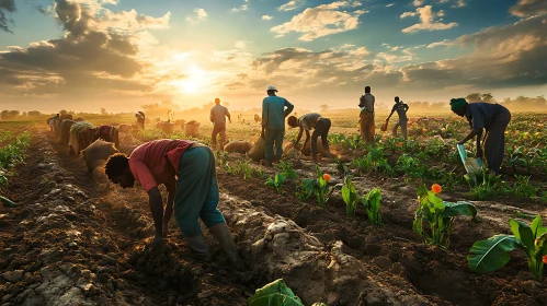 Workers in the field at sunset