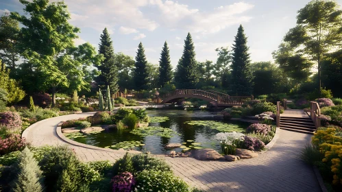 Scenic Pond and Bridge in Lush Garden