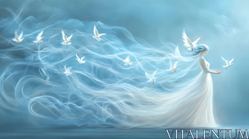 AI ART Ethereal Woman and Doves Art