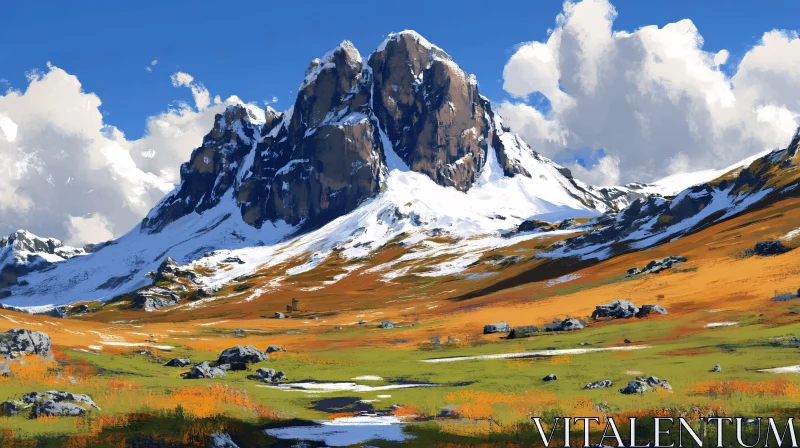 Snowy Mountain Landscape with Meadow Flowers AI Image