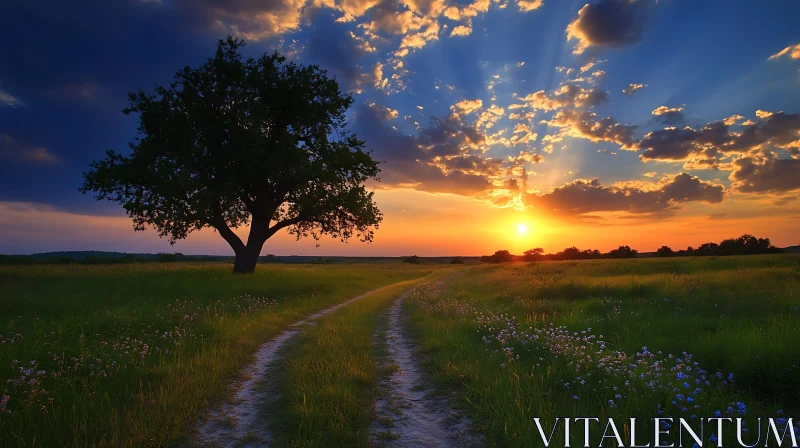 Golden Hour Field with Tree AI Image