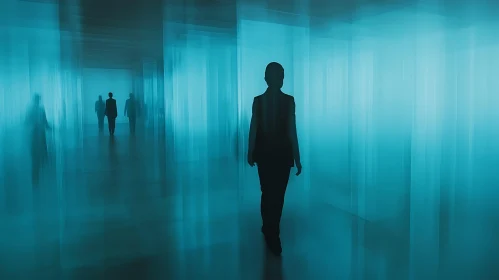 Mysterious Figures in a Blue Hallway