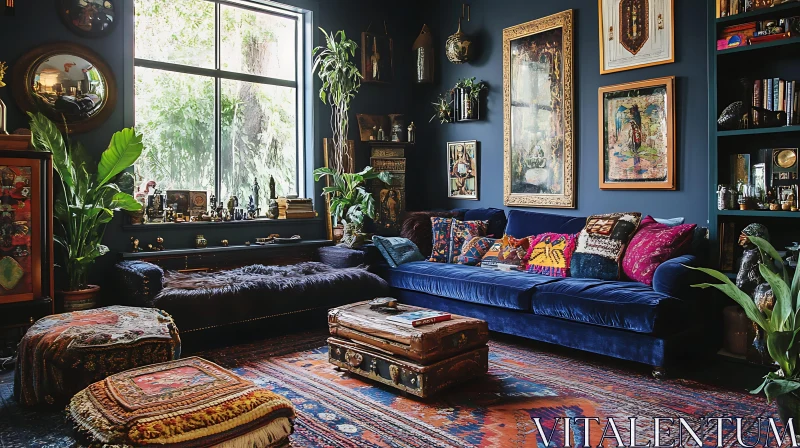 AI ART Cozy Room with Vintage Decor and Blue Sofa