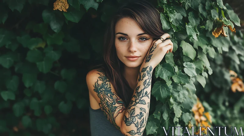 Tattooed Woman in Leafy Surroundings AI Image