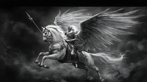 Monochrome Winged Knight Pegasus Illustration