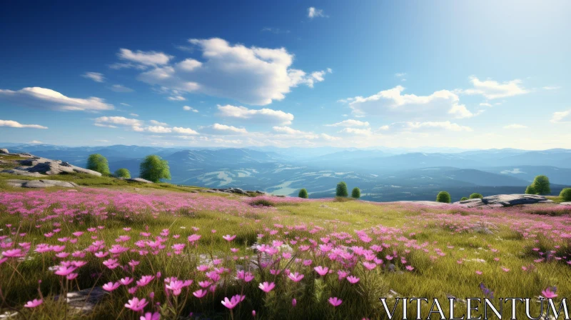 Blooming Pink Flowers and Mountain Landscape - Photorealistic 3D Wallpaper AI Image