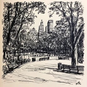 City Park Illustration with Tall Buildings