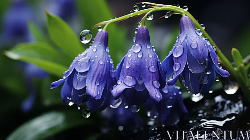 Captivating Dew-Kissed Purple Flowers in Azure and Silver Tones AI Image