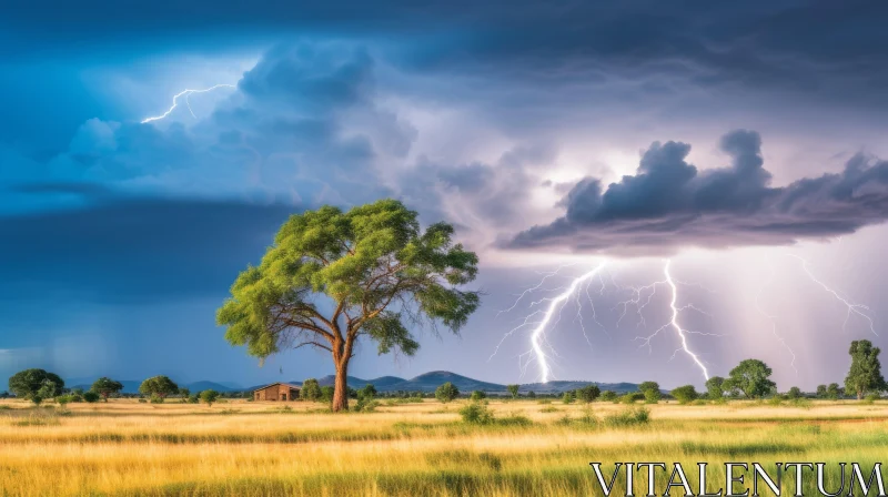 Captivating Lightning and Tree in the Prairie - Nature Photography AI Image