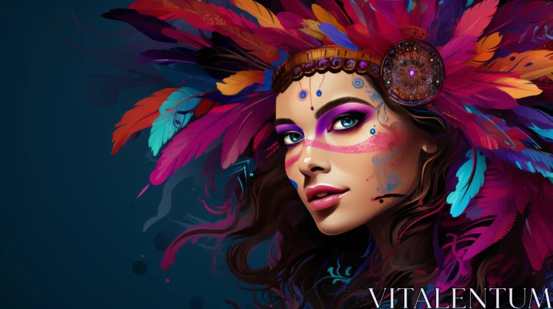 Colorful Indian-Inspired Feathered Woman Illustration AI Image