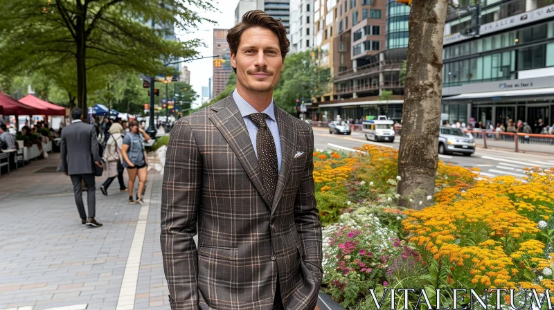 Confident Young Man in Brown Plaid Suit on City Street AI Image