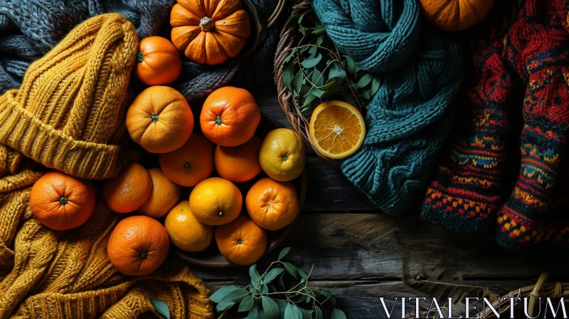 Cozy Still Life: Wooden Table with Sweaters, Basket, Pumpkin, and Oranges AI Image