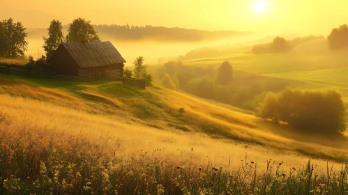 Cabin in Field at Sunrise