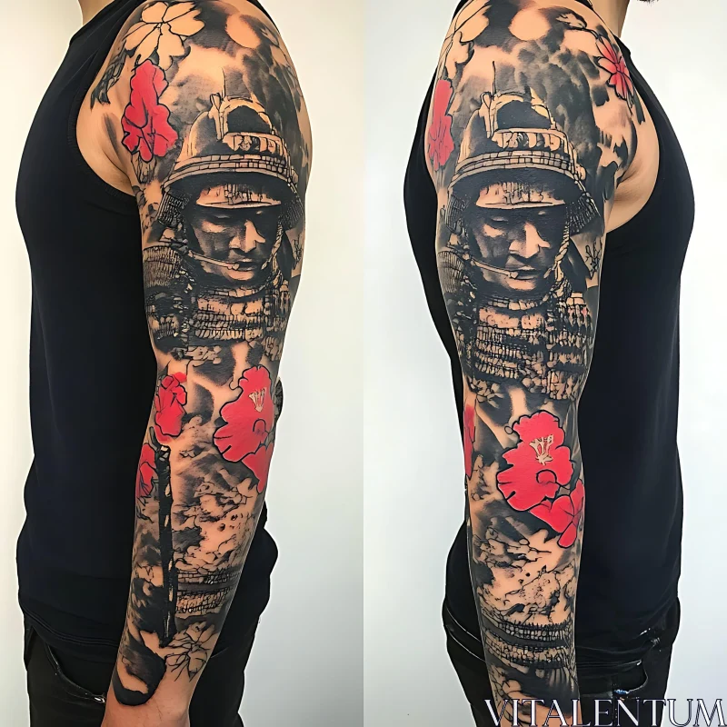 Intricate Samurai and Floral Arm Sleeve Tattoo AI Image