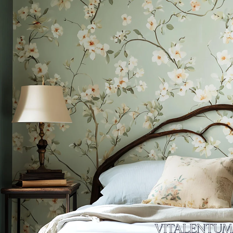 Floral Wallpaper in Bedroom Interior AI Image