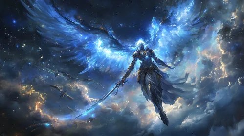 Winged Warrior with Sword in Sky