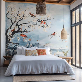 Tranquil Bedroom Interior with Artistic Mural