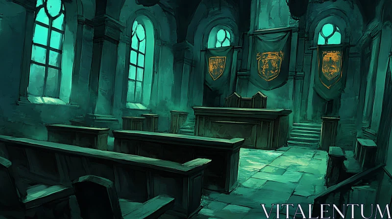 Teal Lit Hall with Benches and Banners AI Image