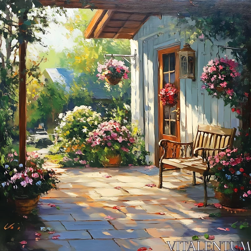 Floral Garden Scene with Wooden Bench AI Image