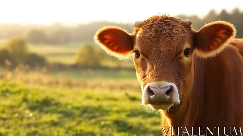 Brown Cow in a Sunny Meadow AI Image