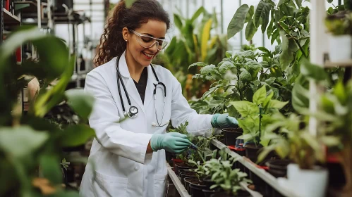 Woman botanist examines plants in lab