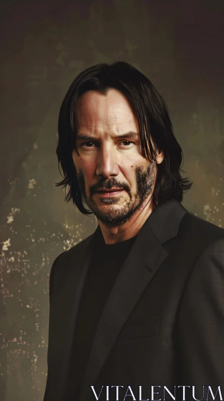 Keanu Reeves Contemplative Portrait in Black Suit AI Image