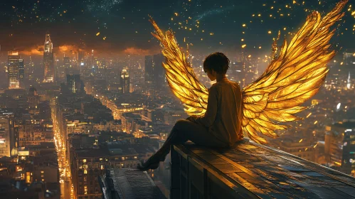 Golden Wings Angel Overlooking City At Night