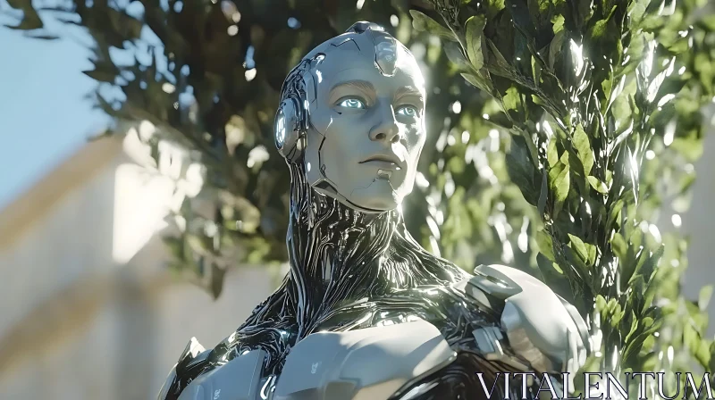 Illuminated Silver Cyborg in Nature AI Image