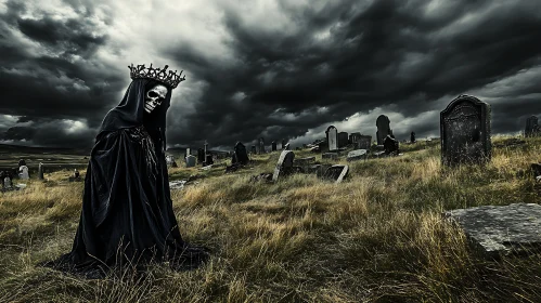 Crowned Reaper in Dark Cemetery