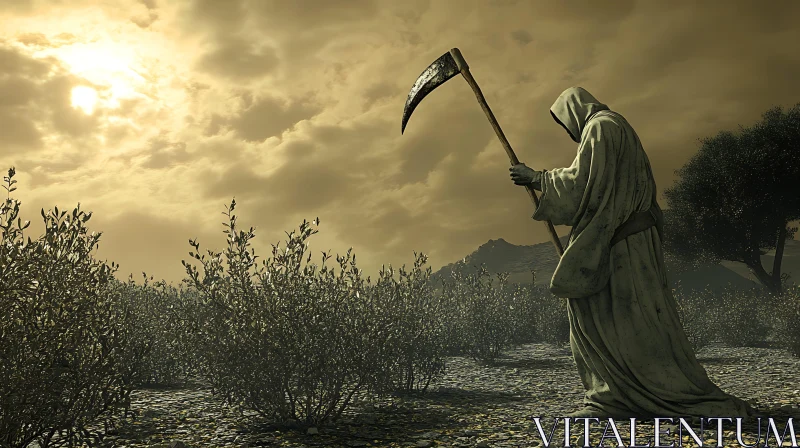 AI ART Hooded Figure with Scythe in Field