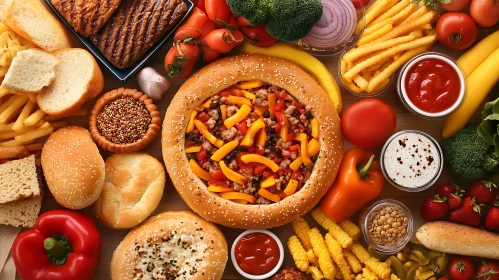 Vivid Food Display Featuring Pizza and Assorted Ingredients