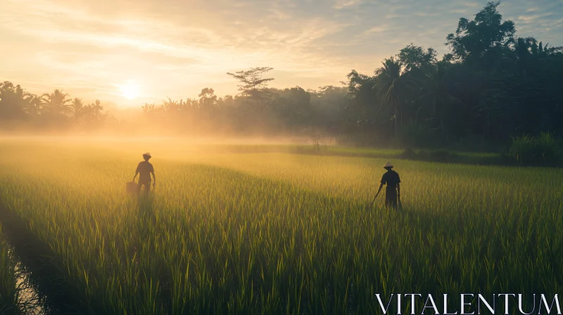 AI ART Farmers at Work in Misty Field