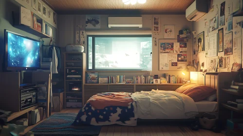 Cozy Bedroom with Books and Galaxy View