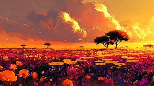 Scenic Sunset Over a Blooming Meadow