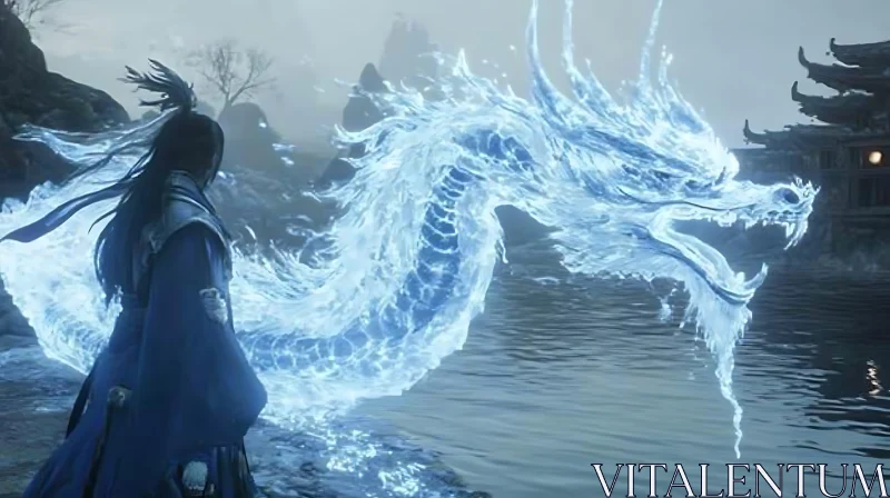 AI ART Luminous Dragon by the Water's Edge