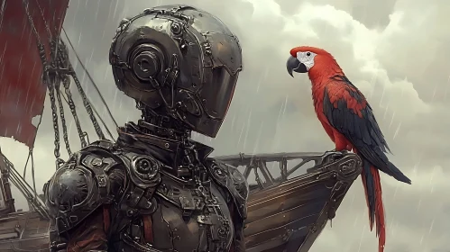 Steampunk Robotic Figure and Macaw on Nautical Vessel